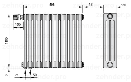 Схема (чертеж) Радиатор Zehnder Charleston 4110/13 №V001 Белый глянцевый RAL 9016